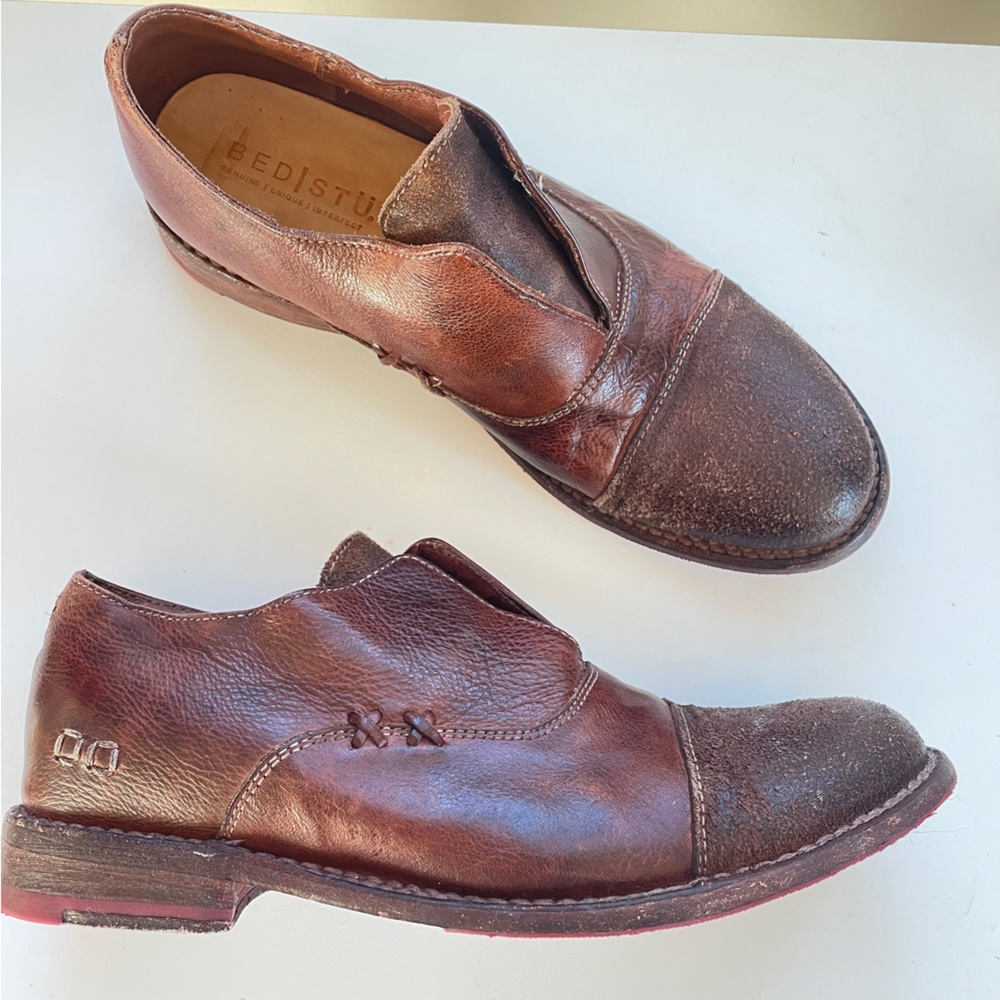 Bed Stu Rose Cap Toe Oxford Distressed Brown Leather Laceless 8.5